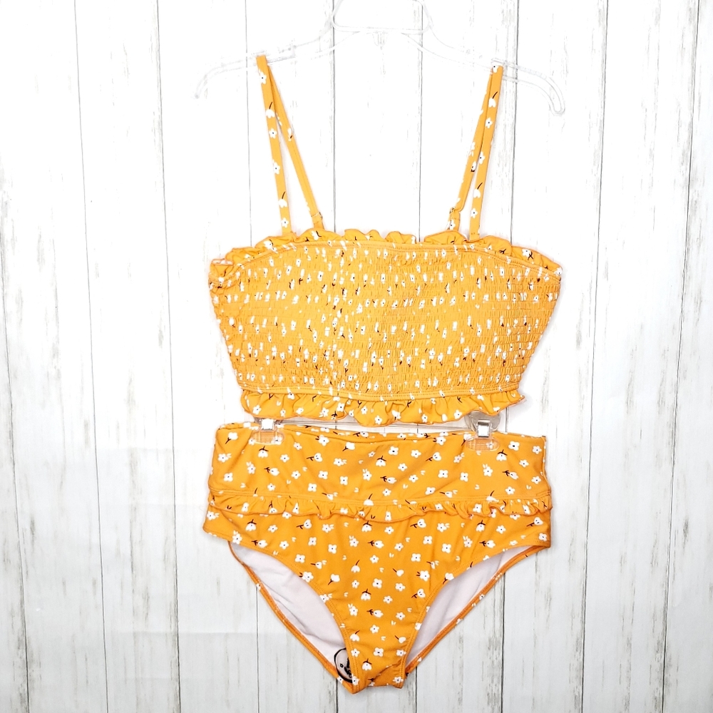 Orange Floral Two Piece Bathing Suit Sz XL